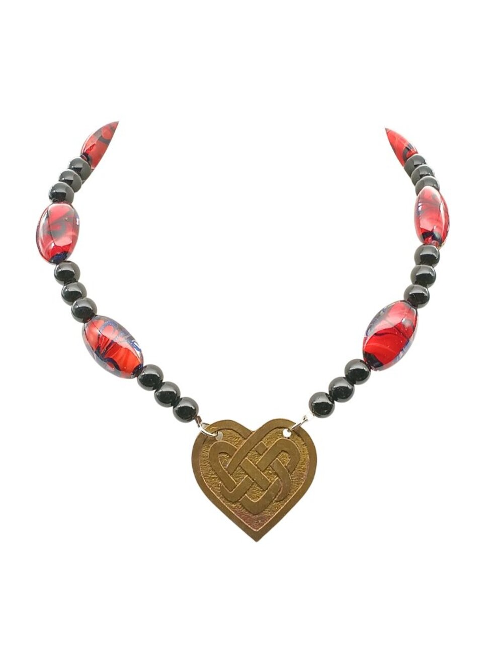 Handcrafted Vintage Glass Bead Choker Necklace with Heart Pendant & Celtic Knot